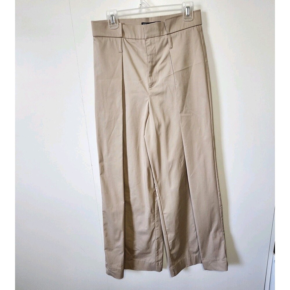 NWT Zara High-Waisted Wide Leg Pleated Trousers Khaki Tan Sz S Mex 26...